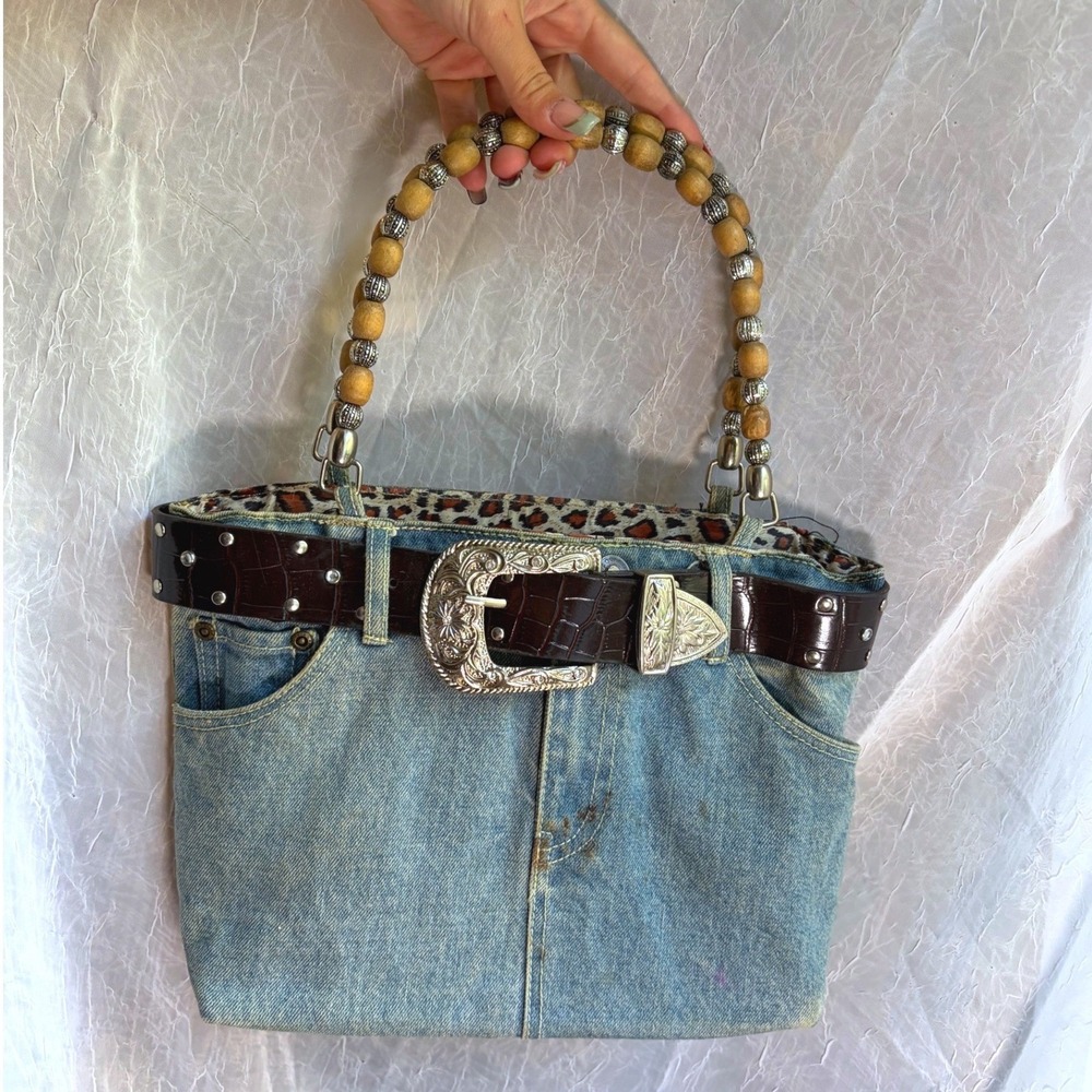 Y2K Upcycled Denim‎ Tote Bag Western Boho Beaded Handle Leopard Print Lining